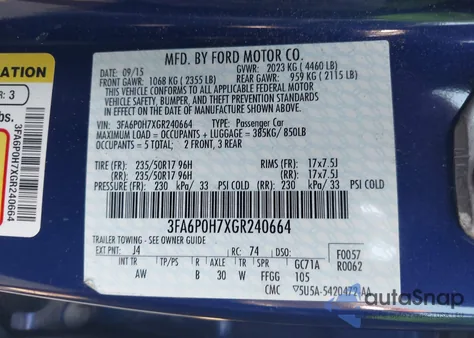 2016 Ford Fusion Se from USA, damaged, VIN 3FA6P0H7XGR240664